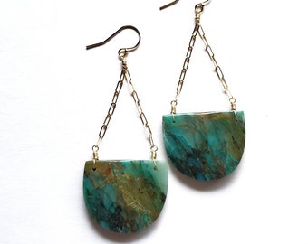 Green Chrysocolla Gold Statement Earrings, Big and Bold Modern Gems, Made in Seattle, Natural Gemstone Jewelry, Gift for Her, Woman Owned