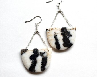 Black and White Zebra Jasper and Silver Earrings, Modern Graphic Pattern Design, Mothers Day Gift, Metaphysical Stones, Ready Ship Seattle