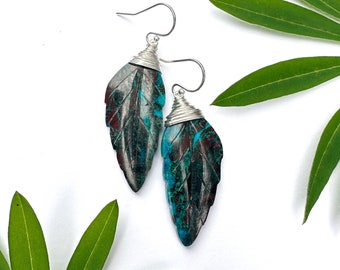 BOTANICAL COLLECTION - Chrysocolla & Sterling Silver Dangle Earrings, carved natural leaf stone jewelry, plant tree inspired gemstone gift