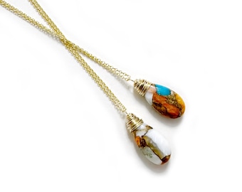 Spiny Oyster Turquoise Copper Stone with Gold Fill Necklace,  Smooth Gem Layering Jewelry, Gift for Her,  Orange and Blue