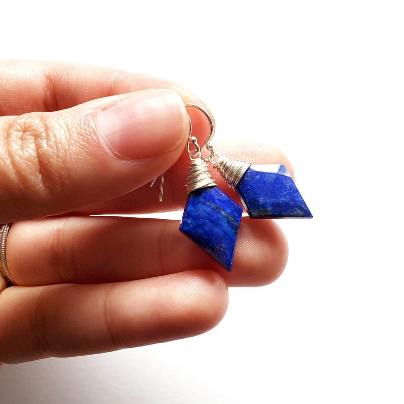 Rhombus Blue Lapis Lazuli Earrings with Silver Ear Wires Dangle and Drop Faceted Gemstone Jewelry Handmade in Seattle Gift for Her