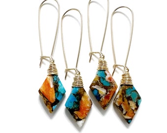Spiny Oyster Kingman Turquoise Copper Stone with Gold Fill Earrings, Smooth Gem Rhombus, Gift for Her, Orange and Blue, Ready to Ship