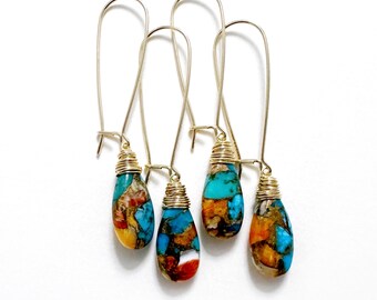 Spiny Oyster Kingman Turquoise Copper Stone with Gold Fill Kidney Earring, Smooth Gem Teardrop, Gift for Her, Orange and Blue, Ready to Ship