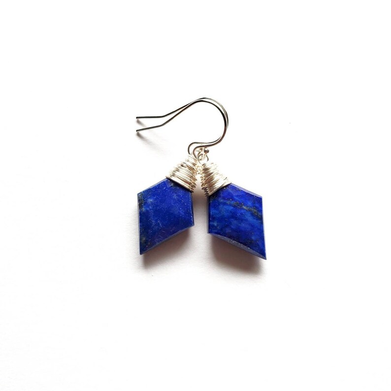 Rhombus Blue Lapis Lazuli Earrings with Silver Ear Wires Dangle and Drop Faceted Gemstone Jewelry Handmade in Seattle Gift for Her