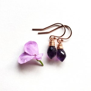 Petite Purple Amethyst and Rose Gold Earrings, February Birthstone, Dangle and Drop Jewelry, Gift for Her Handmade in Seattle, Ready to Ship image 1