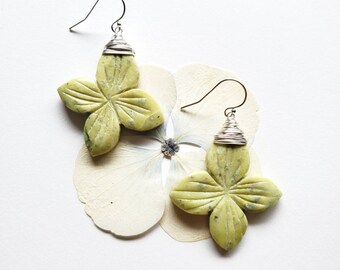 Carved Flower Yellow Chartreuse Serpentine Earrings Sterling Silver, Handmade Jewelry Ready Ship, Made in Seattle, Gift for Her, Mothers Day