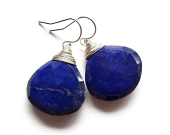 Blue and Silver Lapis Lazuli Earrings, Faceted Stone Jewelry Wire Wrapped, Dangle and Drop Gems, Made Seattle Ready Ship Gift