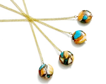 Spiny Oyster Turquoise Copper Stone with Gold Fill Necklace,  Smooth Gem Layering Jewelry, Gift for Her,  Orange and Blue