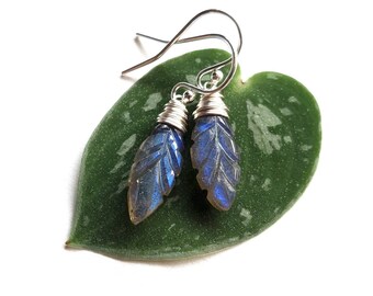 Carved Leaf Labradorite Earrings Wire Wrapped Sterling Silver, Dangle and Drop Earrings, Natural Gem Jewelry Made in PNW, Gift for Her