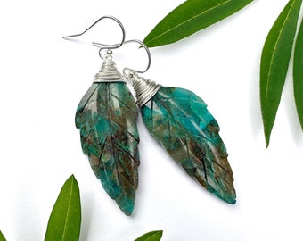 BOTANICAL COLLECTION - Chrysocolla & Sterling Silver Dangle Earrings, carved natural leaf stone jewelry, plant tree inspired gemstone gift