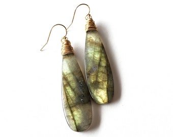 Labradorite and Gold Statement Earrings, Dangle and Drop Jewelry, Made in PNW, Gift for Her Handmade in Seattle, Metaphysical Gemstone Shop