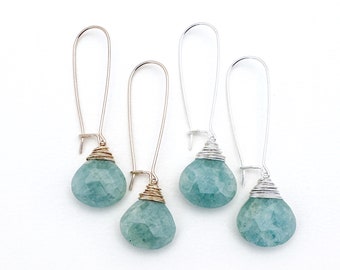 March Birthday Jewelry Gift, Aquamarine Kidney Dangle and Drop Earrings Made in Seattle, Light Blue Natural Stones