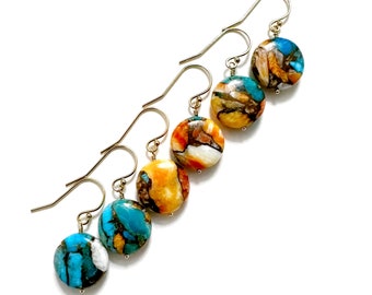 Spiny Oyster Kingman Turquoise Copper Stone with Gold Fill Earrings,  Smooth Gem Round Circle, Gift for Her, Orange and Blue, Ready to Ship