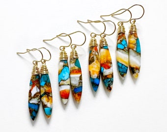 Spiny Oyster Kingman Turquoise Copper Stone with Gold Fill Earrings,  Smooth Gem Round Circle, Gift for Her, Orange and Blue, Ready to Ship