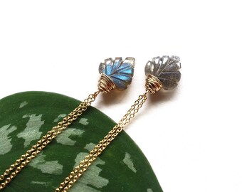 Carved Leaf Labradorite Necklace Wire Wrapped Gold Fill, Botanical Leaves Natural Gem Jewelry Made in PNW, Gift for Her