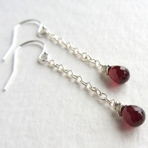 BLACK FRIDAY SALE January Birthstone Jewelry Dark Red Garnet Long Dangle Earrings Sterling Silver Metal image 1