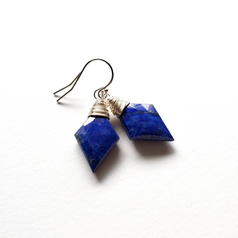 Rhombus Blue Lapis Lazuli Earrings with Silver Ear Wires Dangle and Drop Faceted Gemstone Jewelry Handmade in Seattle Gift for Her