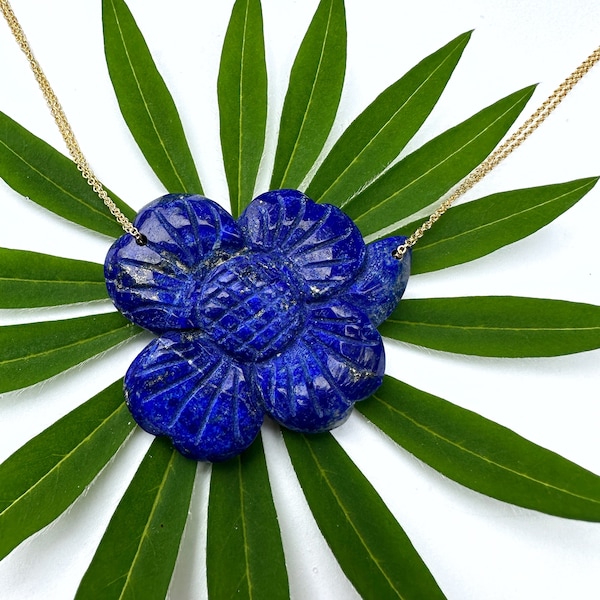 BOTANICAL COLLECTION - Blue Lapis Lazuli Dogwood Necklace, carved botanical natural gemstone jewelry, flower and leaf inspired stone gift