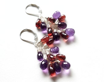 Garnet and Amethyst Cascade Earrings with Sterling Silver, February and January Birthstone Jewelry, Red and Purple Natural Gemstones
