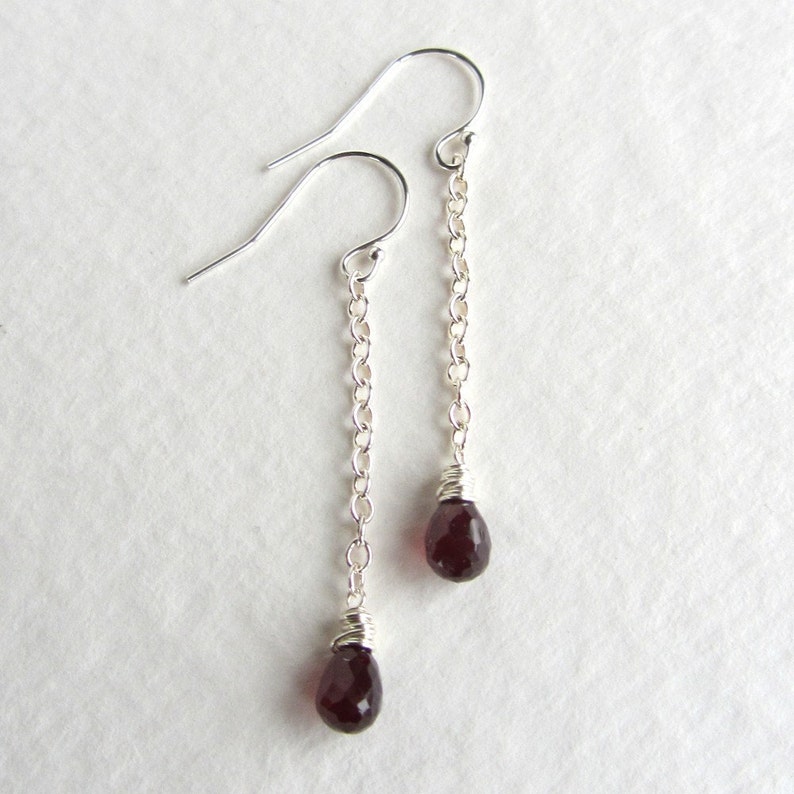 BLACK FRIDAY SALE January Birthstone Jewelry Dark Red Garnet Long Dangle Earrings Sterling Silver Metal image 2