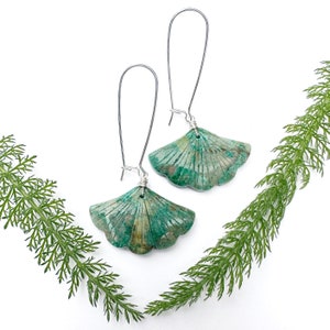 BOTANICAL COLLECTION - Carved Chrysocolla Ginkgo Leaf Earrings with Sterling Silver, plant and tree inspired jewelry, made in Seattle gift
