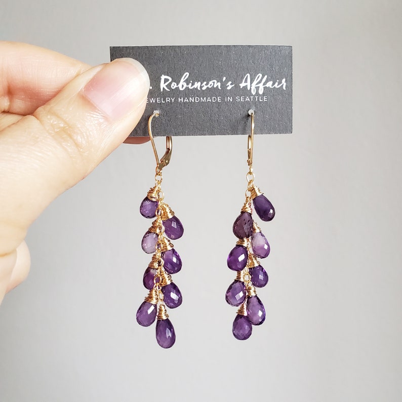 Amethyst Cascade Earrings with Gold Fill, February Birthstone Jewelry, Purple Natural Gemstones, Ready to Ship Gift for Her, Metaphysical image 5