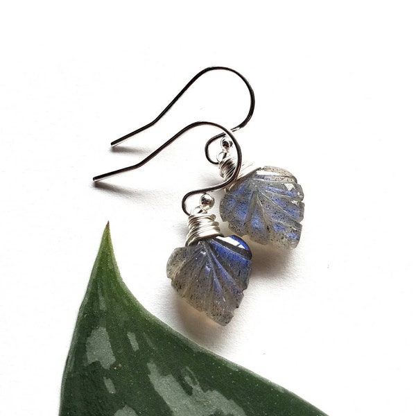 Carved Leaf Labradorite Earrings Wire Wrapped Sterling Silver, Dangle and Drop Earrings, Natural Gem Jewelry Made in PNW, Gift for Her