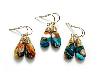 Spiny Oyster Kingman Turquoise Copper Stone with Gold Fill Earrings, Smooth Gem Teardrop Shape, Gift for Her, Orange and Blue, Ready to Ship