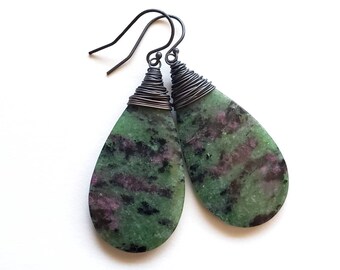 Ruby in Zoisite Statement Earrings, Green and Pink Natural Stone Jewelry Handmade in Seattle, Ready to Ship Gifts for Her
