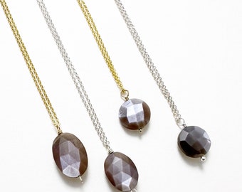 Chocolate Moonstone & Gold Fill Necklace, Handmade in Seattle, Alt Wedding Layering Jewelry, Mother of Bride, Bridesmaid Gifts, Faceted Oval