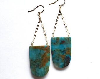 Big Blue Chrysocolla Gold Statement Earrings, Bold Modern Gems, Shop Local, Made in Seattle, Natural Gemstone Jewelry, Gift for Her