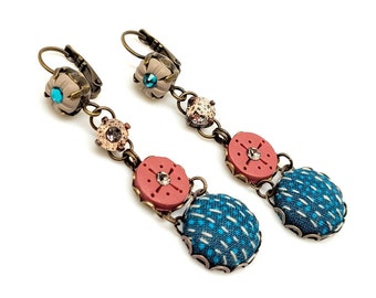 Teal and terracotta ethnic earrings, colorful dangle earrings, hippy chic earrings, polymer clay and handmade embroidered earrings