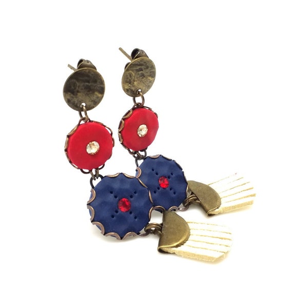 Longues boucles d'oreilles ethniques bleu blanc rouge, boucles d'oreilles pendantes bohème chic, bijou hippie chic, bijou franges blanches