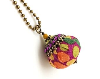 Long necklace from ball chain, colourful fabric and satin cord