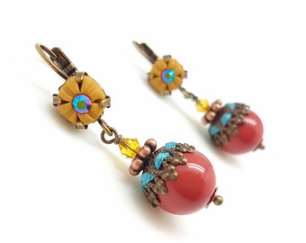 Red and ocher earrings, fashion jewelry, mustard yellow polymer clay, Swarovski strass and coral red beads