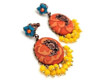 Round Boho earrings from polymer clay, colourful fabric and small Czech glass beads