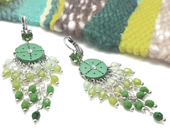 Long green earrings, Boho earrings in green and silver, greenery earrings, chandelier earrings