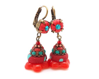 Red and blue-green earrings, colorful earrings for women