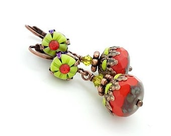 Festive earrings red and olivine, handmade earrings for women with polymer clay and beads, ethnic earrings, timeless earrings, Boho earrings