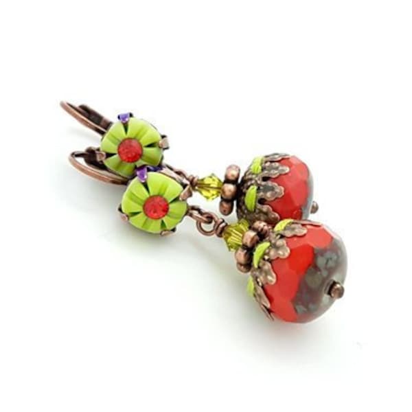 Boucles d'oreilles rouge et vert olive, boucles d'oreilles colorées pour femme