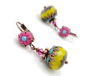 Dangle earrings hot pink, lime green, boho earrings fandango pink, boho earrings tender shoots