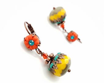 Orange and yellow sleeper earrings, dangle earrings ethnic chic colors, bright colors earrings