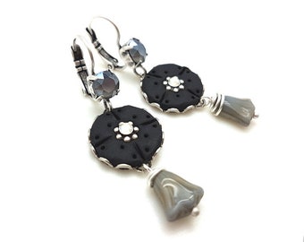 Long pendant earrings black, grey and silver, classical earrings