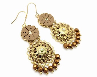Shimmering brass filigree earrings, gold and coffee earrings, bohemian earrings, polymer clay medallions, cristal