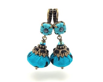 Turquoise blue voluptuous earrings, ethnic chic earrings, polymer clay earrings, blue and black earrings