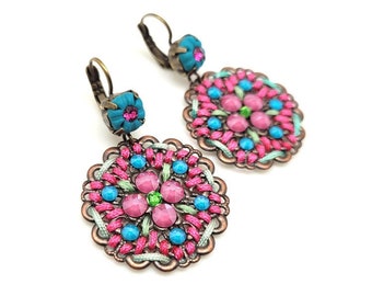 Blue-green earrings with pink embellishments, fashion jewelry, peacock blue polymer clay, Swarovski strass, embroidered filigree medallions