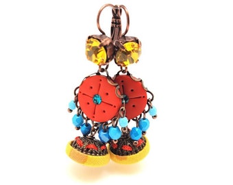 Red and yellow earrings, boho chic earrings,  jewel from stones Swarovski, bright red polymer clay, and yellow fabric