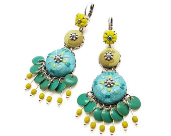 Long bohemian chic pierced earrings turquoise blue and green