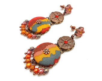 Longues boucles d'oreilles féminines aux couleurs chaudes et cuivrées, boucles d'oreilles ethniques, boucles d'oreilles boho chic, automne