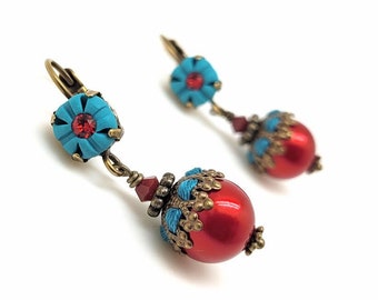 Earrings in polymer clay, pearly beads and Austrian crystal